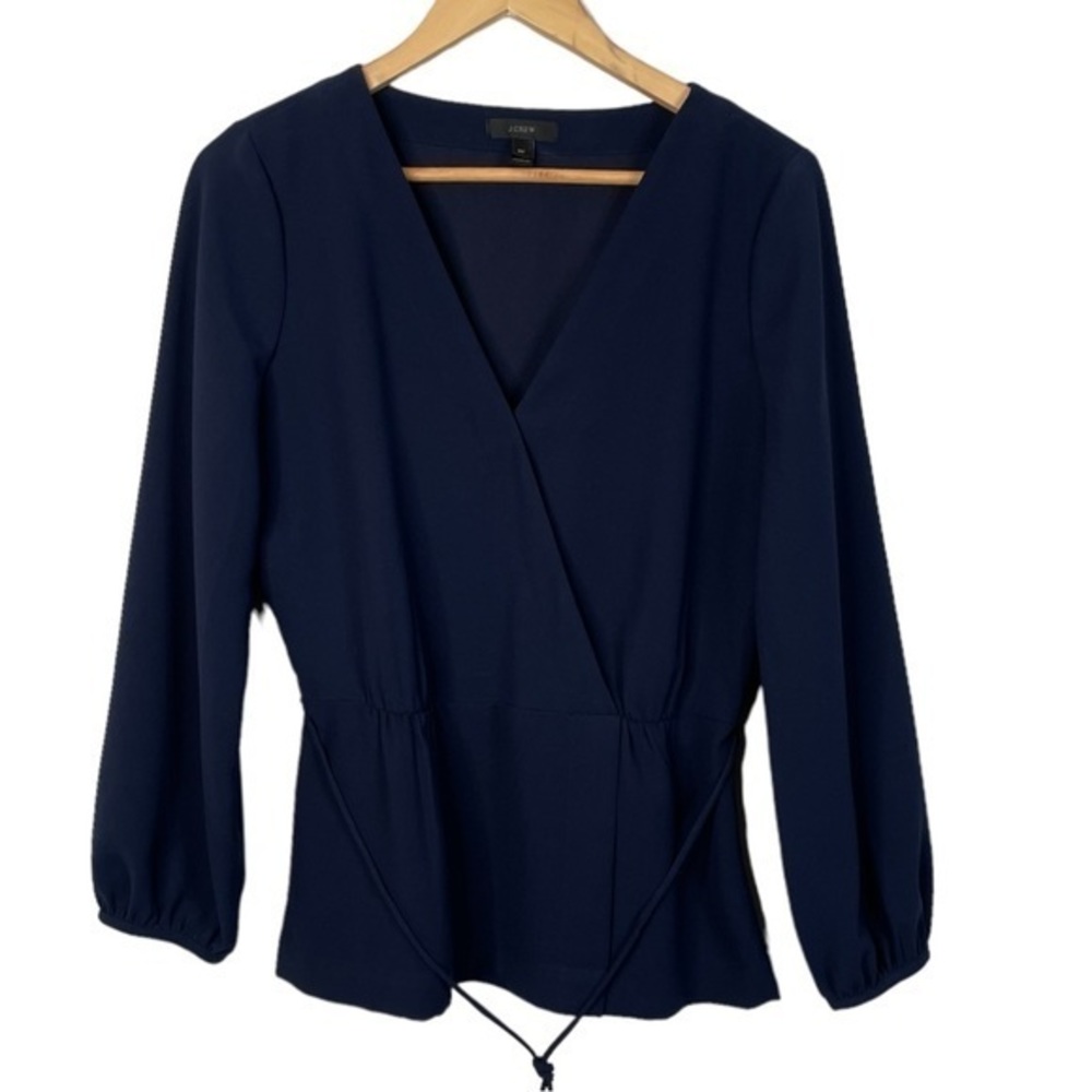 J. Crew | Navy Blue Faux Wrap Blouse V Neck and Side Zipper Size 8 Tall